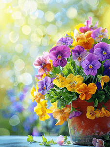 公务邀请函摄影照片_花园里的春花美丽的春天或复活节场景有盆栽紫罗兰