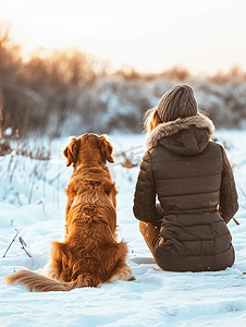 棕色狗坐在靠近主人的雪地上的后视图