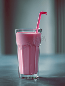 灰色背景泰国牛奶透明玻璃中的冷粉色牛奶冷饮