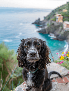 假日明信片摄影照片_五渔村徒步旅行中的狗可卡犬肖像