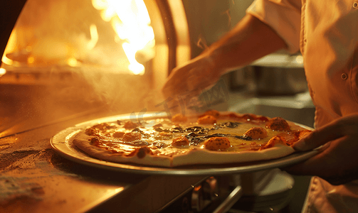 企业厨房摄影照片_餐厅厨师从烤箱中取出新鲜出炉的披萨
