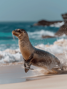 海滩上的雄性海狮逃跑