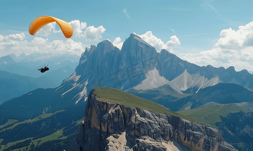 蓝天白云岩山背景中的悬挂式滑翔机滑翔伞