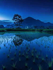 稻田美丽寂静的夜景