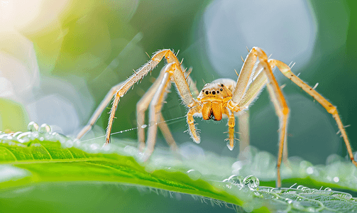 十字蜘蛛在蜘蛛线上爬行昆虫中有用的猎人模糊