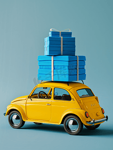蓝色喜报摄影照片_一辆黄色汽车顶部载着一份蓝色礼物作为送货概念