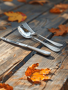 感恩节餐具摆设节日餐桌装饰木质背景