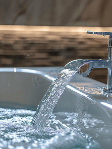 水从豪华的水龙头流入大型现代浴缸
