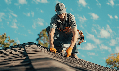 年轻的屋顶承包商在高高的屋顶上钉木瓦