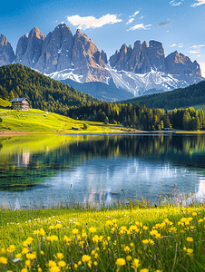 欧洲易拉宝摄影照片_夏季法内斯湖白云岩山脉全景