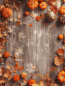 用叶子装饰的木地板上的甜点桌顶视图