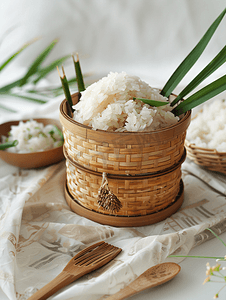 传统食品手工摄影照片_白色背景上带有泰国糯米的传统图案竹盒