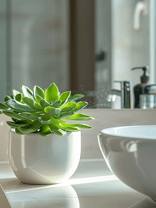 绿色多汁植物矗立在现代浴室内作为室内装饰