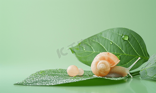 可爱的植物摄影照片_可爱的粘液蜗牛和绿叶