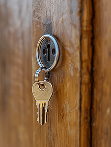 门锁摄影照片_门锁孔中的钥匙环上的钥匙
