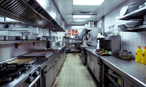 商用厨房摄影照片_专业餐厅厨房加拿大