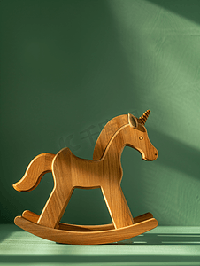 马玩具摄影照片_绿色背景上木制摇马