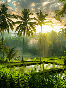 自然景观中美丽的稻田和丛林以及棕榈树