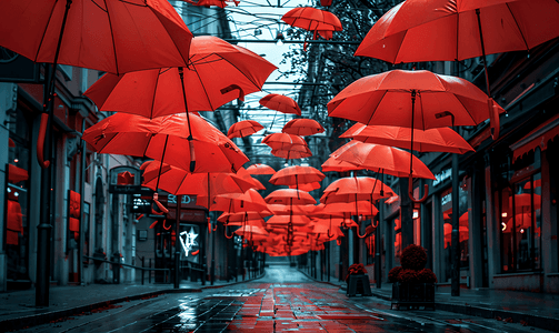 砖红色ppt摄影照片_贝尔格莱德街道上有许多红色雨伞