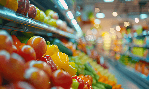食品超市摄影照片_超市杂货店货架上的水果和蔬菜模糊背景