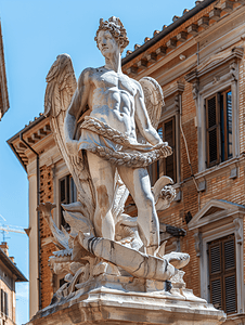 阳光明媚的日子里博洛尼亚喷泉上的雕塑