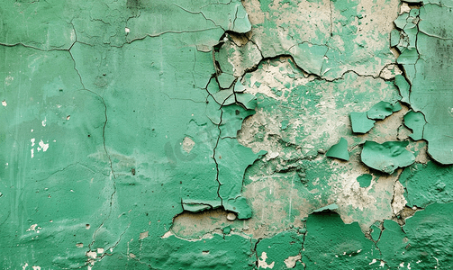 一堵有洞和裂缝的绿色破损抹灰墙