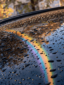 雨滴笼罩下的车顶上可见彩虹