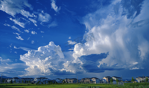 住宅区上空的蓝色雨云