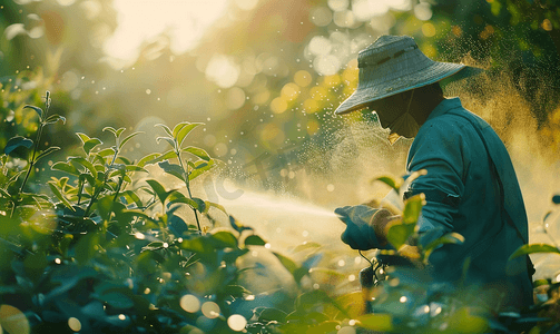 农药化肥包装袋摄影照片_农民在后院用农药处理灌木
