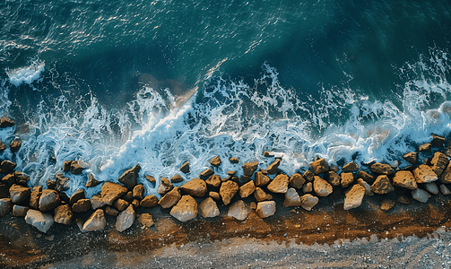 混凝土碎石摄影照片_海岸和波浪破碎石的鸟瞰图