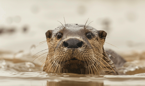 水中动物摄影照片_浅水中水獭惊讶的表情