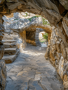 地铁惊魂摄影照片_索里亚霍比特人房屋村用石头建造的地铁地窖的入口