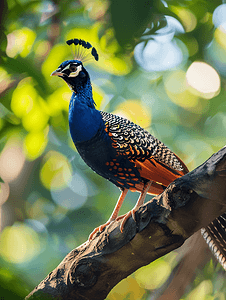 美丽的蓝黑孔雀雉站在树枝上