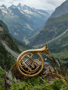 在阿尔卑斯山山谷前吹奏阿尔卑斯号角