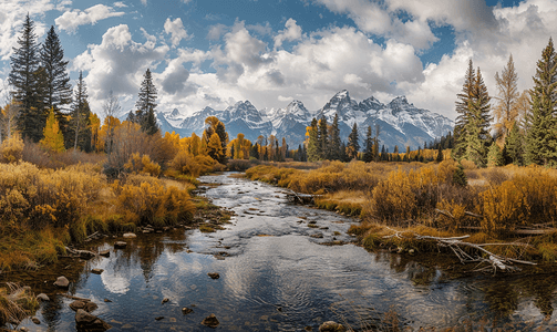 美容美体文化墙摄影照片_大提顿山脉的一条河流被秋天的色彩所包围