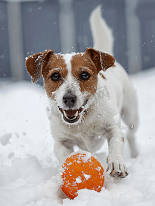 棕色和白色的短毛杂种狗正在雪地上玩橙色橡胶球