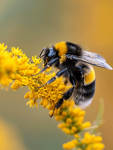 东方腔调摄影照片_普通东方大黄蜂为一枝黄花授粉