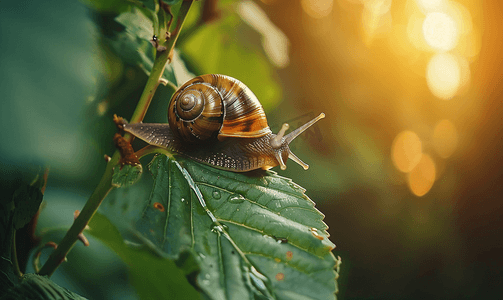 一只棕色的小蜗牛紧紧抓住花园里的一片叶子