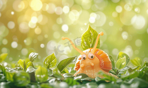 蜗牛的背景摄影照片_可爱的粘液蜗牛和绿叶