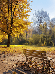 秋天季节摄影照片_秋天的田园风光孤独的公园长椅等待着游客