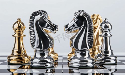 斗争摄影照片_金骑士成为国际象棋棋盘上银棋的最后赢家
