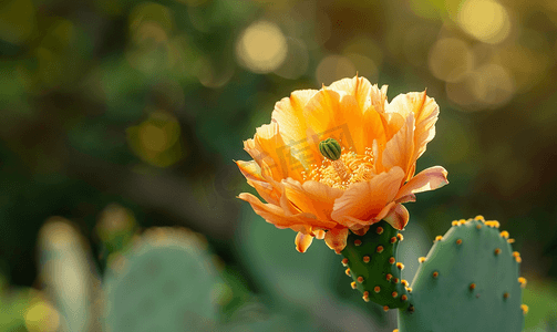 手绘漂浮花瓣摄影照片_墨西哥仙人掌橙花仙人掌与复制空间