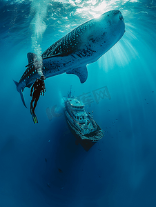 蓝色的鲸鱼摄影照片_鲸鲨在水下接近深蓝色大海中一艘船下的水肺潜水员