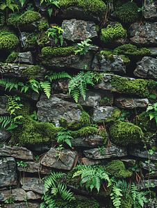 墙壁由天然石头砌成长满青苔和蕨类植物