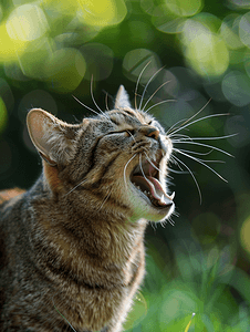棕色虎斑家猫在模糊的绿色院子里打哈欠