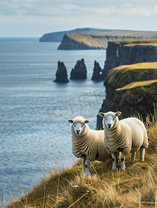 蓝色大海和草崖背景上的两只羊