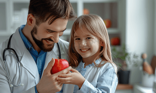 保健 儿童医学男医生给个微笑的小女孩苹果