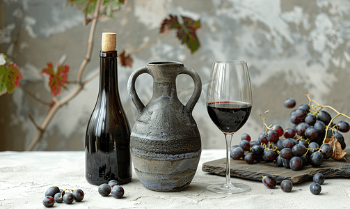 乡村陶瓷壶与当地红酒