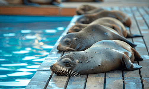 水模板摄影照片_海狮在水上的木甲板上排成一排睡觉