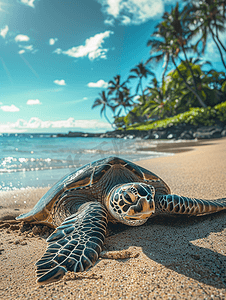 夏威夷海滩上的绿海龟